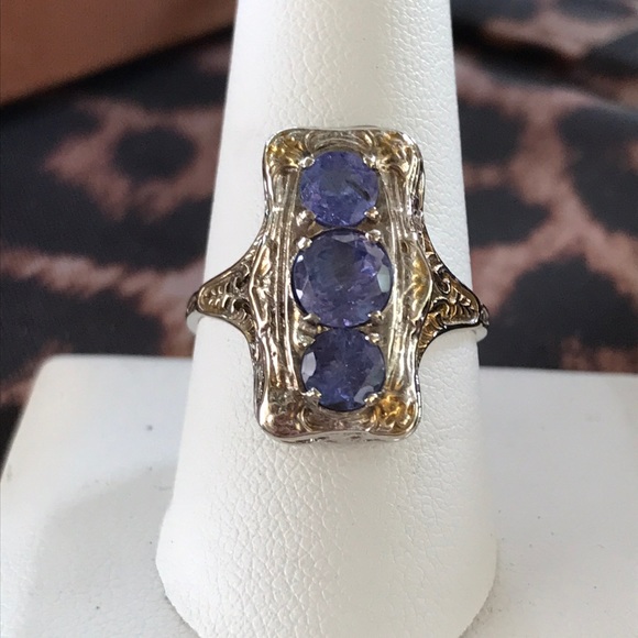 14k WG/YG - Three Stone Tanzanite Ring - Art Deco Style - Sz 9 - Picture 1 of 10